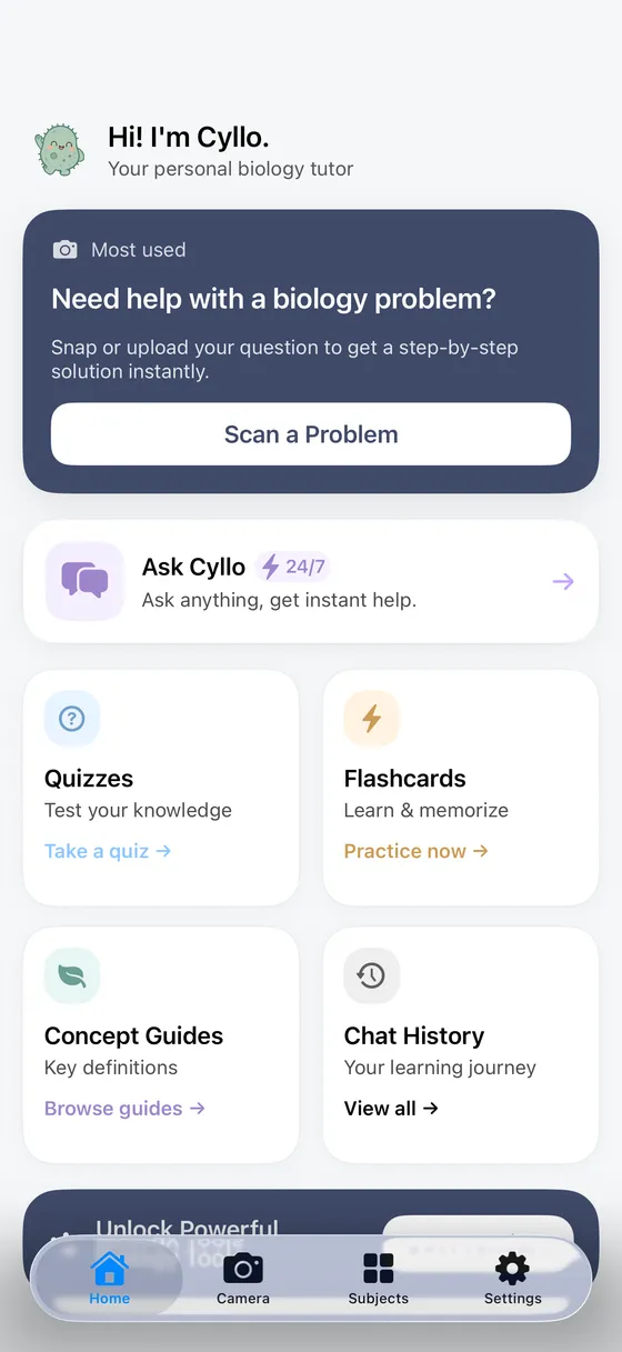 Cyllo home screen with Scan a Problem, Ask Cyllo, quizzes, flashcards, concept guides and chat history