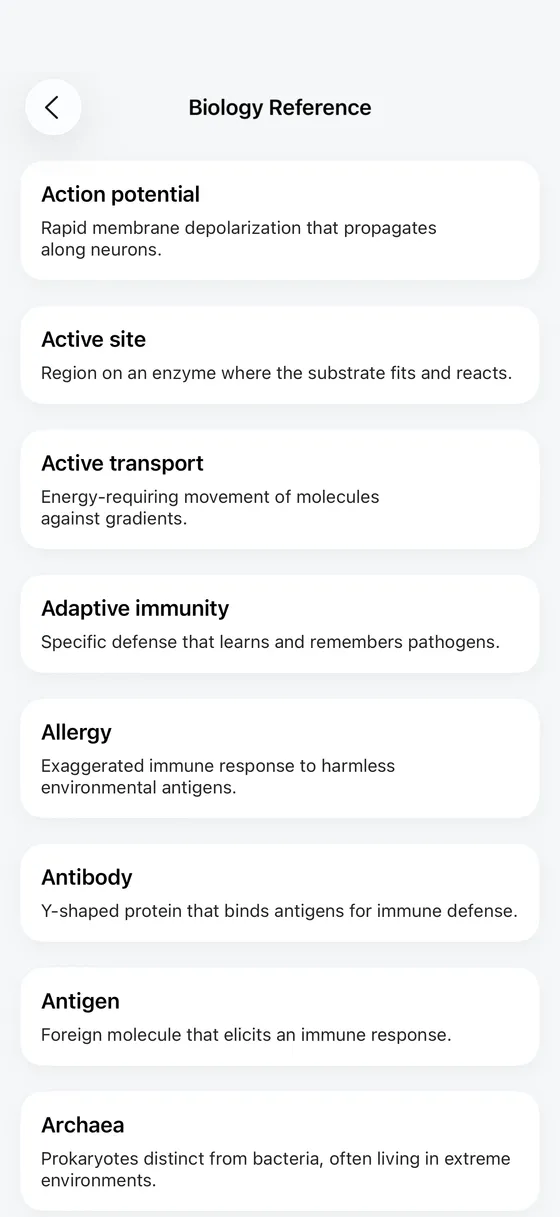 Cyllo biology reference listing action potential, active site, active transport, adaptive immunity and more