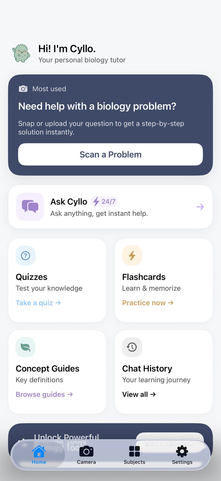 Cyllo home screen with Scan a Problem, Ask Cyllo, quizzes, flashcards, concept guides and chat history