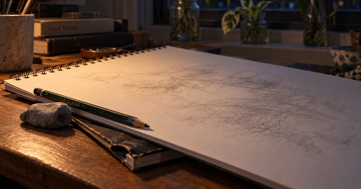 A sketch pad and a soft pencil on a wooden desk under a lamp at night, with a potted cutting on the windowsill behind